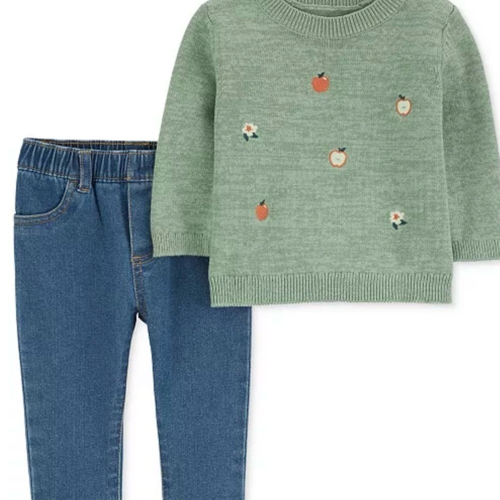 NWT Carter's Girls Green Sweater with Blue Denim Jeans Set- 18M
